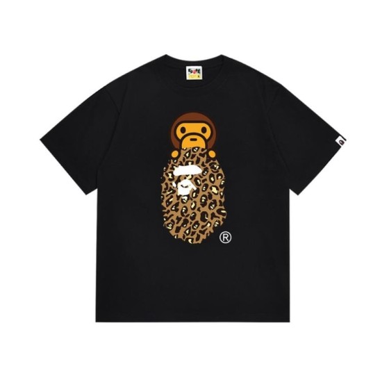 Black BAPE T-Shirt with Leopard Print Ape Head and Baby Milo Print